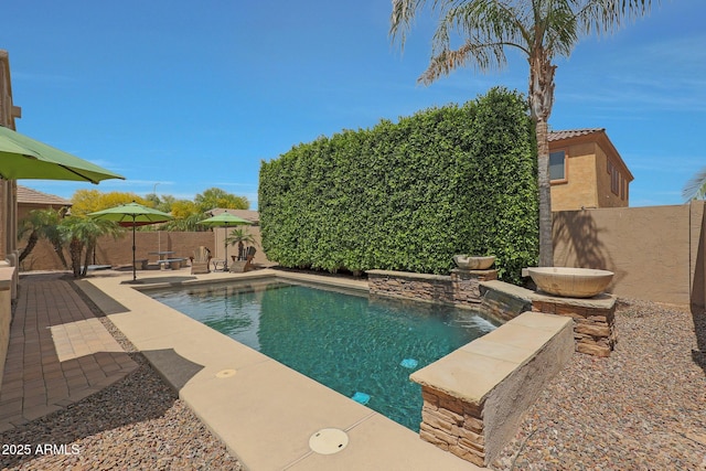 view of swimming pool with a fenced backyard and a patio area