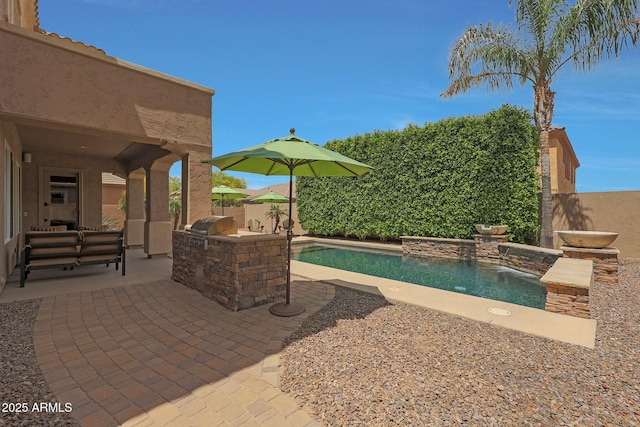 view of pool with exterior kitchen, grilling area, and a patio