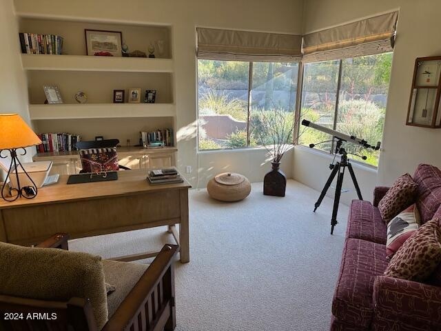 home office with carpet and built in features