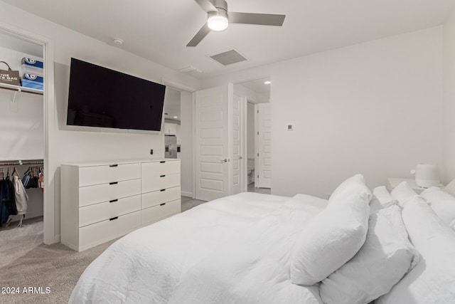 carpeted bedroom featuring ceiling fan, a walk in closet, and a closet