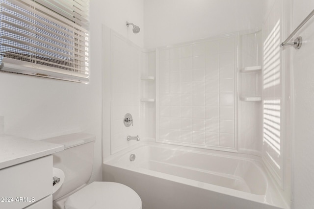 full bathroom featuring vanity, toilet, and washtub / shower combination