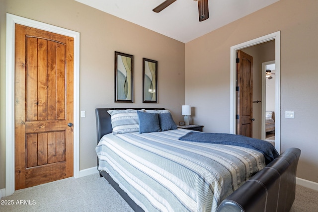 bedroom featuring carpet, ceiling fan, and baseboards