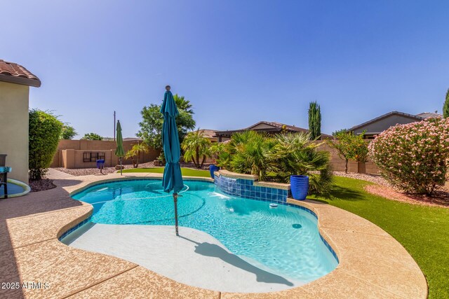 view of pool featuring a fenced backyard and a patio