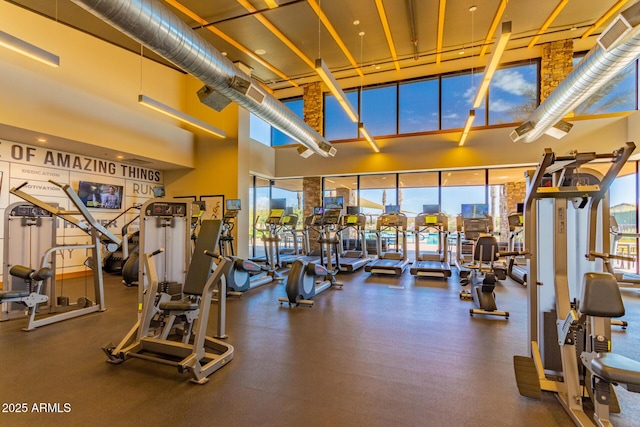 exercise room with a high ceiling