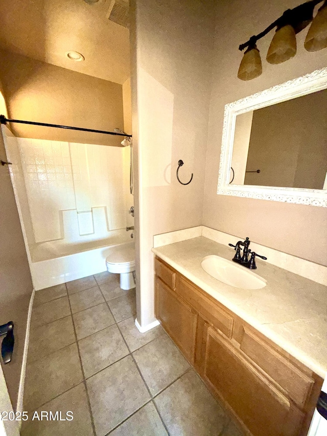 full bathroom featuring shower / bath combination, toilet, vanity, tile patterned flooring, and baseboards