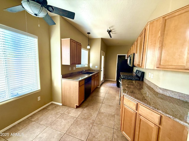 kitchen with ceiling fan, a textured ceiling, black appliances, a sink, and light tile patterned flooring