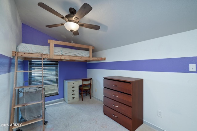 bedroom with ceiling fan and carpet flooring