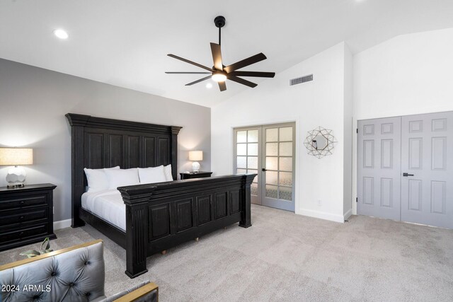 2818 N Yucca St, Chandler, AZ 85224 - carpeted bedroom featuring high vaulted ceiling, visible vents, baseboards, ceiling fan, and recessed lighting