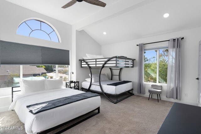 2818 N Yucca St, Chandler, AZ 85224 - carpeted bedroom with lofted ceiling with beams, ceiling fan, and recessed lighting