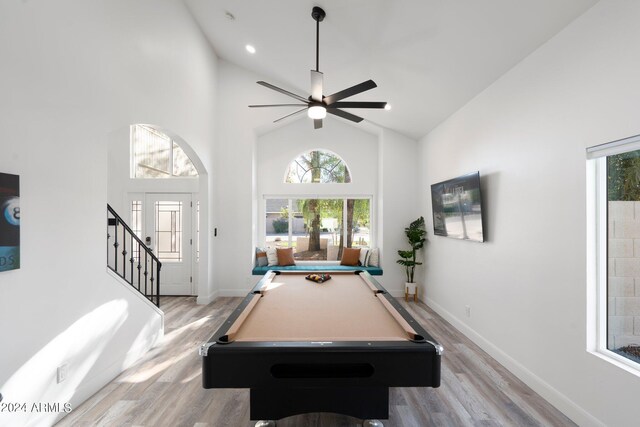 2818 N Yucca St, Chandler, AZ 85224 - playroom featuring pool table, high vaulted ceiling, ceiling fan, and light wood-type flooring