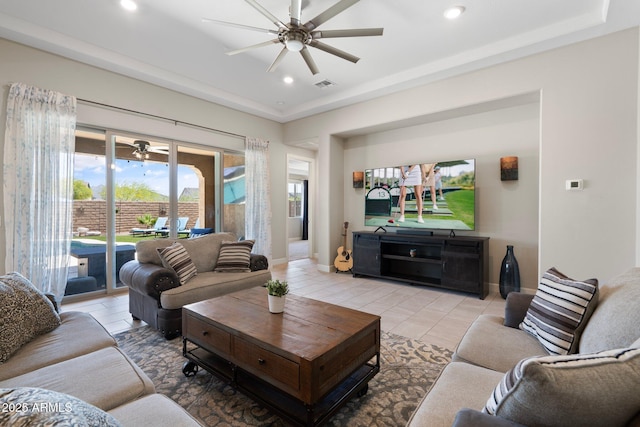 15663 S 183rd Dr, Goodyear, AZ 85338 - living room with light tile patterned floors, ceiling fan, baseboards, visible vents, and recessed lighting