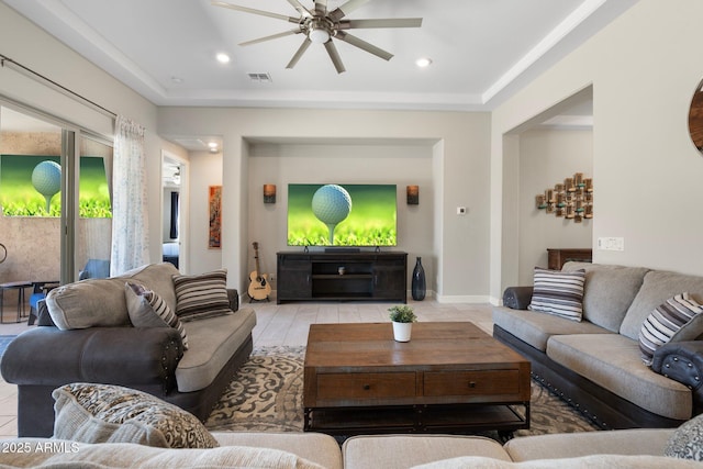 15663 S 183rd Dr, Goodyear, AZ 85338 - living area featuring tile patterned flooring, a ceiling fan, visible vents, and recessed lighting