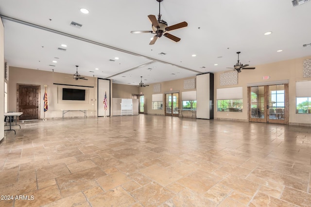 interior space featuring recessed lighting, visible vents, and ceiling fan