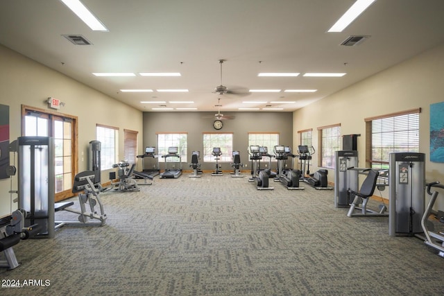 exercise room featuring visible vents, carpet, and a high ceiling