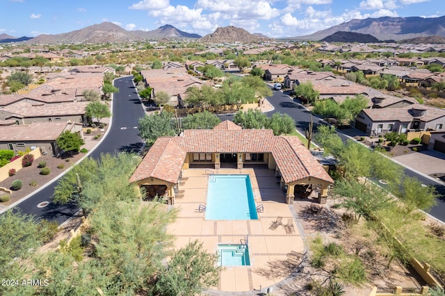 drone / aerial view with a residential view and a mountain view