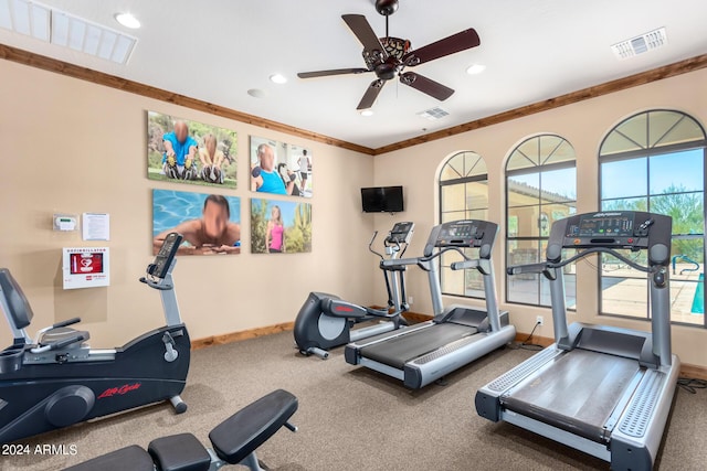 exercise room featuring visible vents, baseboards, ceiling fan, and ornamental molding
