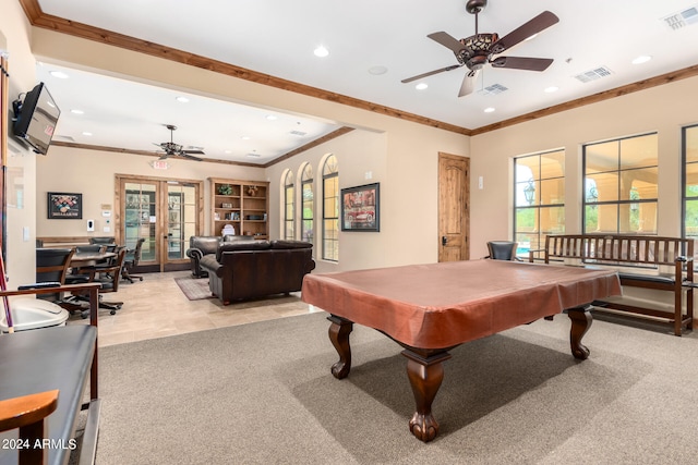 rec room featuring pool table, light tile patterned floors, ceiling fan, and french doors