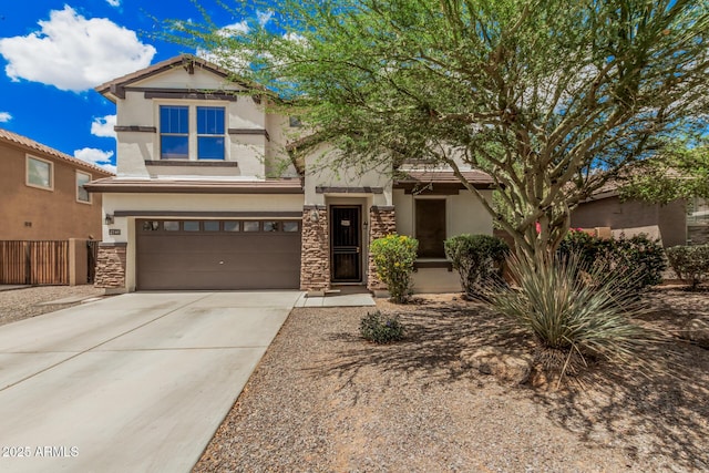 2748 E Dennisport Ave, Gilbert, AZ 85295 - view of front of property featuring stucco siding, stone siding, a garage, and driveway