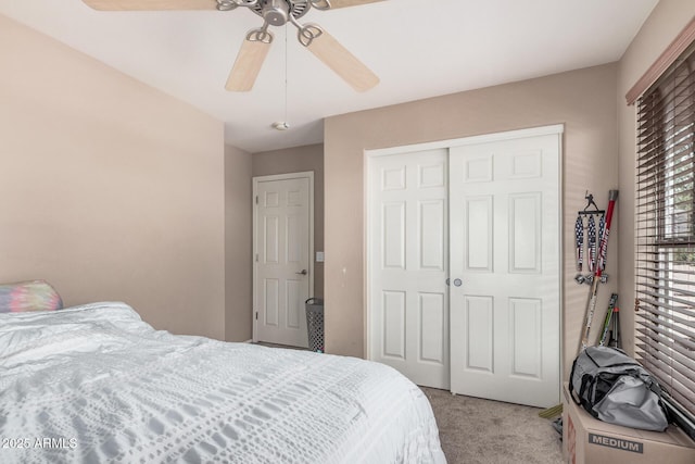 2748 E Dennisport Ave, Gilbert, AZ 85295 - bedroom with light colored carpet, a closet, and ceiling fan