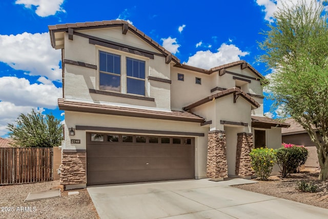 2748 E Dennisport Ave, Gilbert, AZ 85295 - view of front of home with an attached garage, a tiled roof, stone siding, and driveway