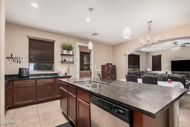 2748 E Dennisport Ave, Gilbert, AZ 85295 - kitchen with stainless steel dishwasher, a sink, a ceiling fan, light tile patterned floors, and recessed lighting
