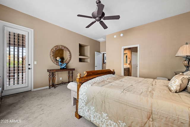 bedroom featuring access to exterior, carpet floors, baseboards, and a ceiling fan