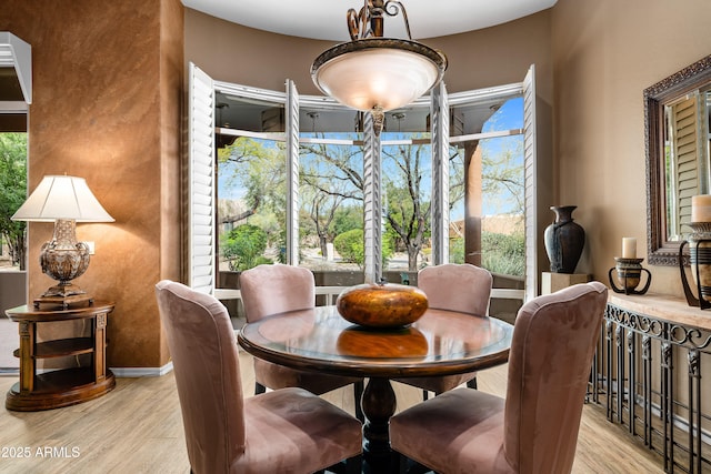 dining room featuring plenty of natural light, wood finished floors, and baseboards