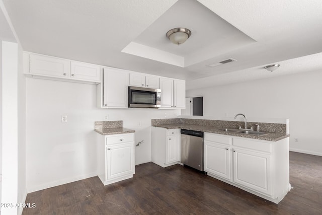 3042 N 87th Ave, Phoenix, AZ 85037 - kitchen with appliances with stainless steel finishes, a sink, a peninsula, a tray ceiling, and white cabinets