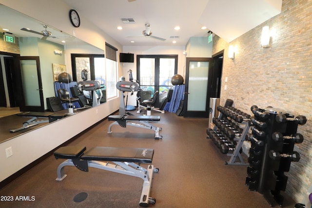 workout area with a ceiling fan