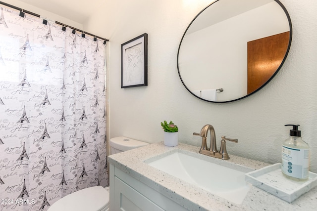 bathroom featuring vanity, toilet, and a shower with curtain