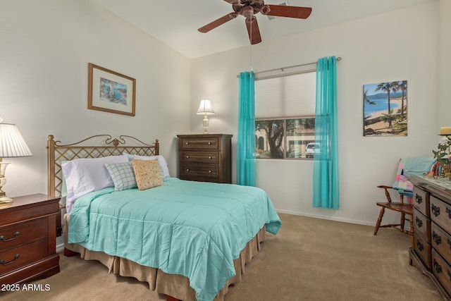 bedroom with light carpet and ceiling fan