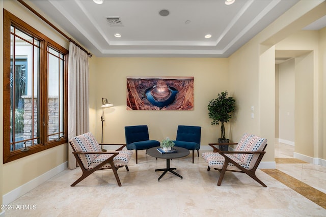 sitting room featuring a healthy amount of sunlight and a tray ceiling