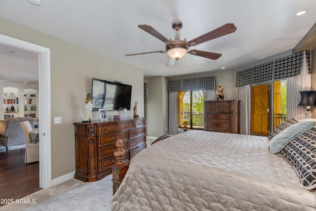 bedroom featuring recessed lighting, baseboards, carpet floors, and access to exterior