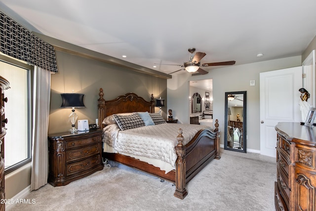 bedroom featuring recessed lighting, baseboards, carpet, and a ceiling fan