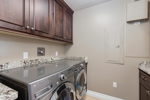 laundry room featuring electric panel, cabinet space, independent washer and dryer, and baseboards