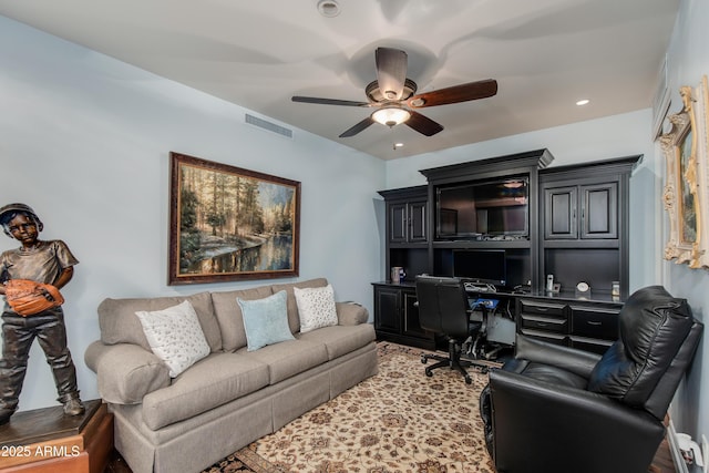 office with recessed lighting, visible vents, and ceiling fan