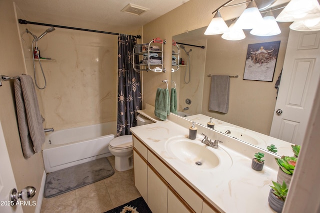 full bathroom featuring shower / bath combination with curtain, tile patterned floors, vanity, and toilet