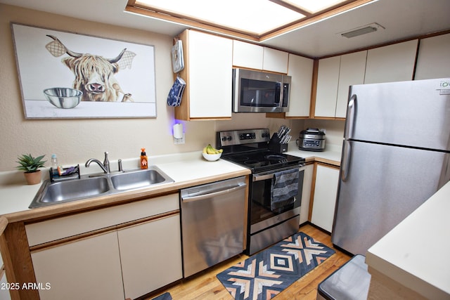 kitchen featuring appliances with stainless steel finishes, sink, white cabinets, and light wood-type flooring