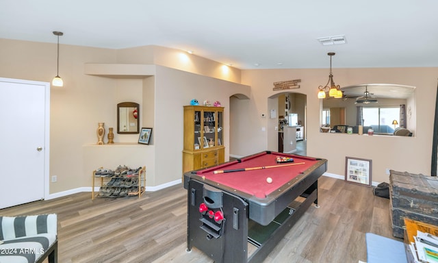 playroom featuring pool table, ceiling fan, vaulted ceiling, and hardwood / wood-style floors