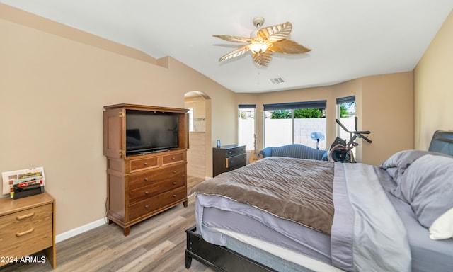 bedroom featuring ceiling fan and light hardwood / wood-style flooring