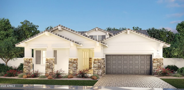 2559 E Virginia Cir, Mesa, AZ 85213 - view of front of home featuring stone siding, an attached garage, decorative driveway, stucco siding, and a tile roof