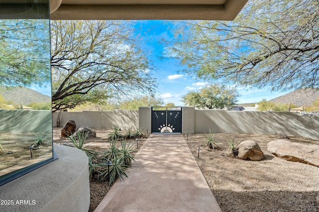 view of patio with a mountain view