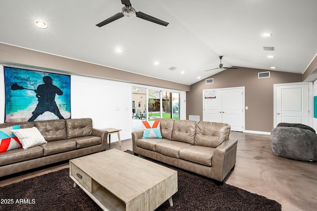 living room featuring concrete floors, ceiling fan, and vaulted ceiling