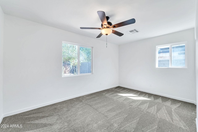 carpeted spare room with ceiling fan and a wealth of natural light