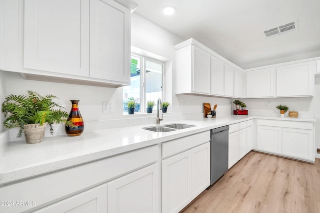 kitchen with light stone counters, sink, white cabinets, light hardwood / wood-style flooring, and stainless steel dishwasher