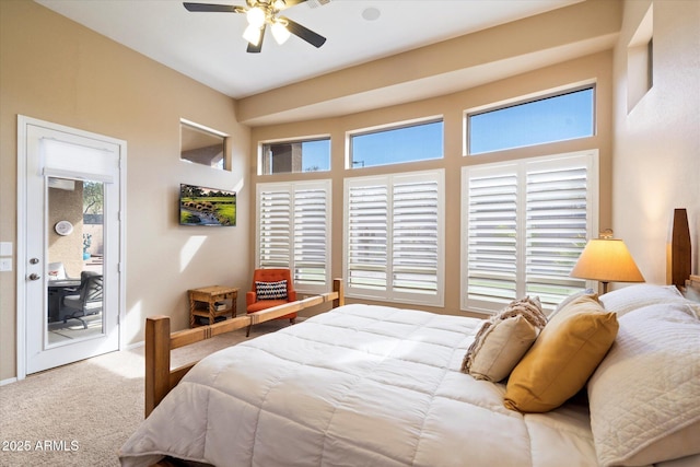 bedroom featuring carpet floors, access to outside, and ceiling fan