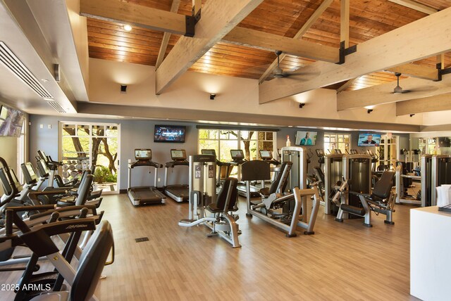 exercise room with wood ceiling, light hardwood / wood-style flooring, and ceiling fan