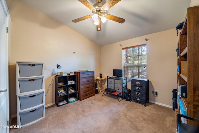 2041 W Hacienda Way, Show Low, AZ 85901 - office area featuring lofted ceiling, carpet, ceiling fan, and baseboards