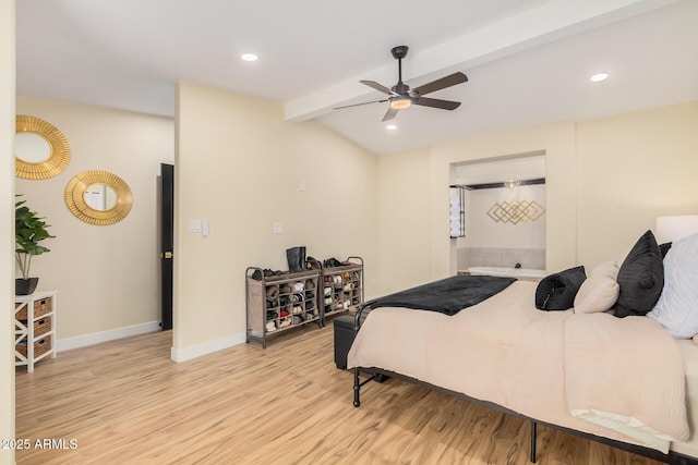 bedroom with vaulted ceiling with beams, ceiling fan, and light hardwood / wood-style flooring