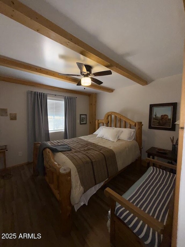 691 N Pyle Ranch Rd, Payson, AZ 85541 - bedroom featuring wood finished floors, beamed ceiling, and ceiling fan